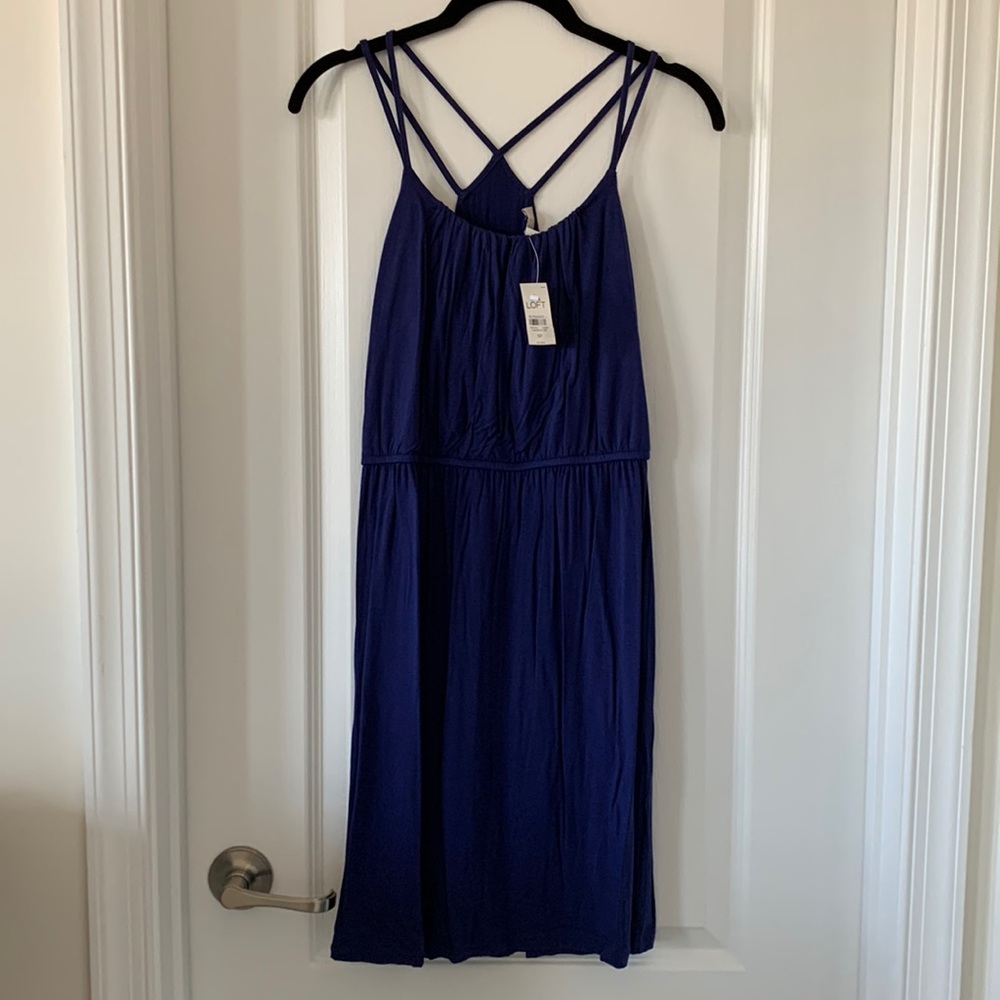 NWT LOFT Blue/Purple Double Straps Pleated Racerback Dress Size SP